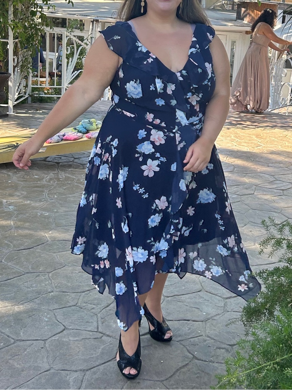 Women's Navy Floral Asymmetrical Ruffle Wrap Dress